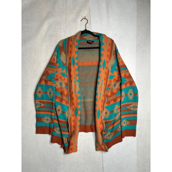 Rock & Roll Cowgirl Sweaters - Rock and Roll Cowgirl XL Southwestern Aztec Open Front Cardigan Orange Teal Tan